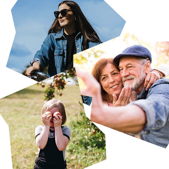 Collage aus drei Bildern Frau auf Fahrrad, Mädchen auf Wiese und Paar macht ein Selfie