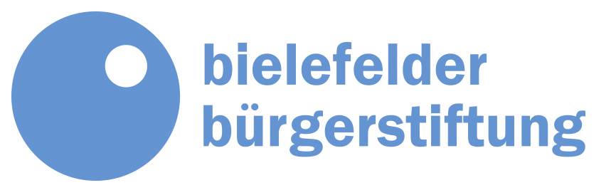blaue Kugel mit weißem Fleck, daneben der Text Bielefelder Bürgerstiftung