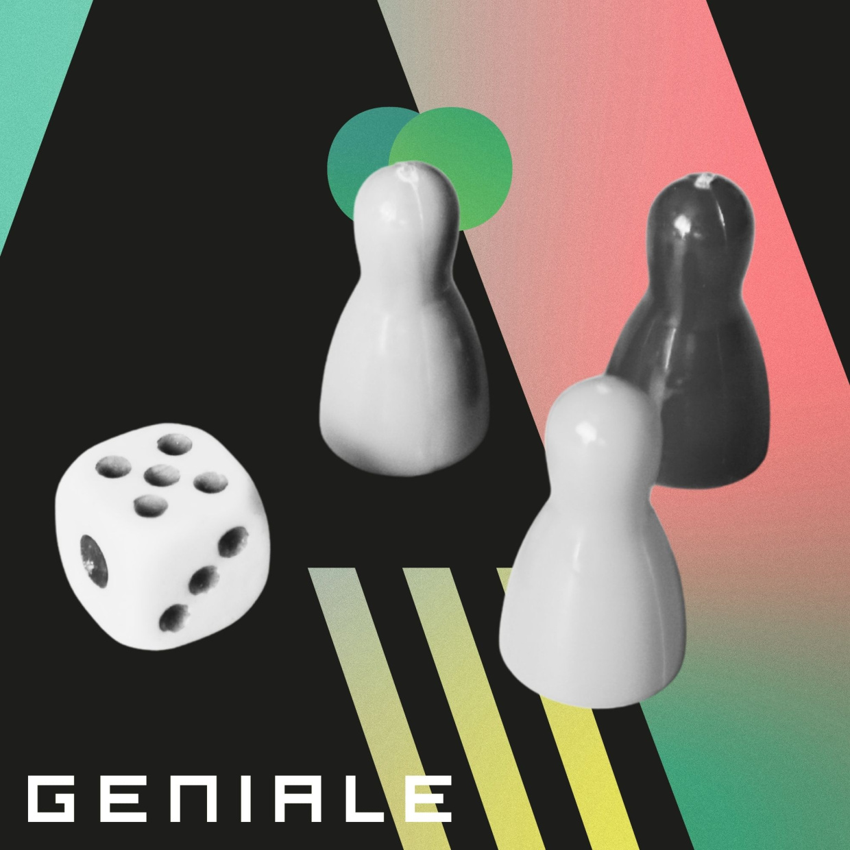 Spielfiguren und ein Würfel auf schwarzem Hintergrund