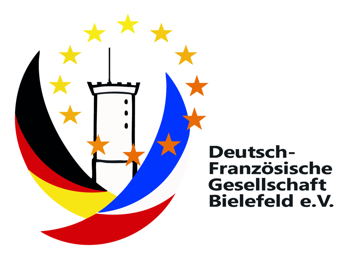 © DFG Bielefeld e. V. Sparrenburgturm umrahmt von gelben Sternen und flankiert von zwei angedeuteten Fahnen, der deutschen und der französischen