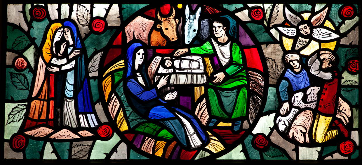 Jesu Geburt auf einem Fenster der Neustädeter Marienkirche