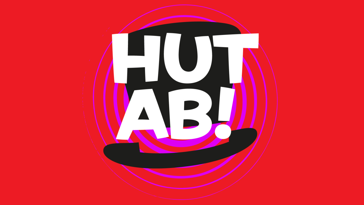 HUT AB! Grafik mit rotem Hintergrund und konzentrischen lila und pinkfarbenen Kreisen. In der Mitte eine stilisierte schwarze Zylinderhut-Form. Darauf steht in großen weißen, verspielten Buchstaben ‚HUT AB!‘, das Ausrufezeichen ragt teilweise über den Hut hinaus