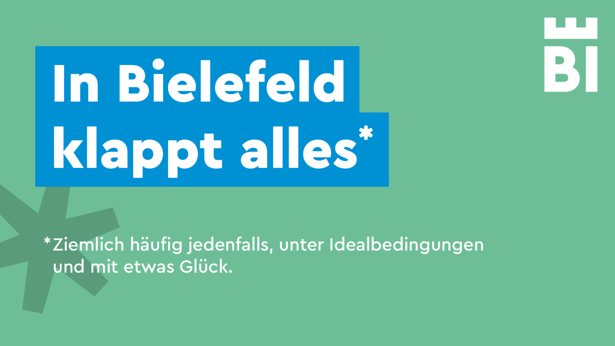 Ironisches Zitat über Bielefeld auf grünem Hintergrund.