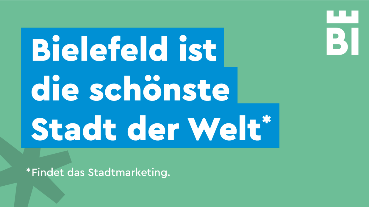Ironisches Zitat über Bielefeld auf grünem Hintergrund.