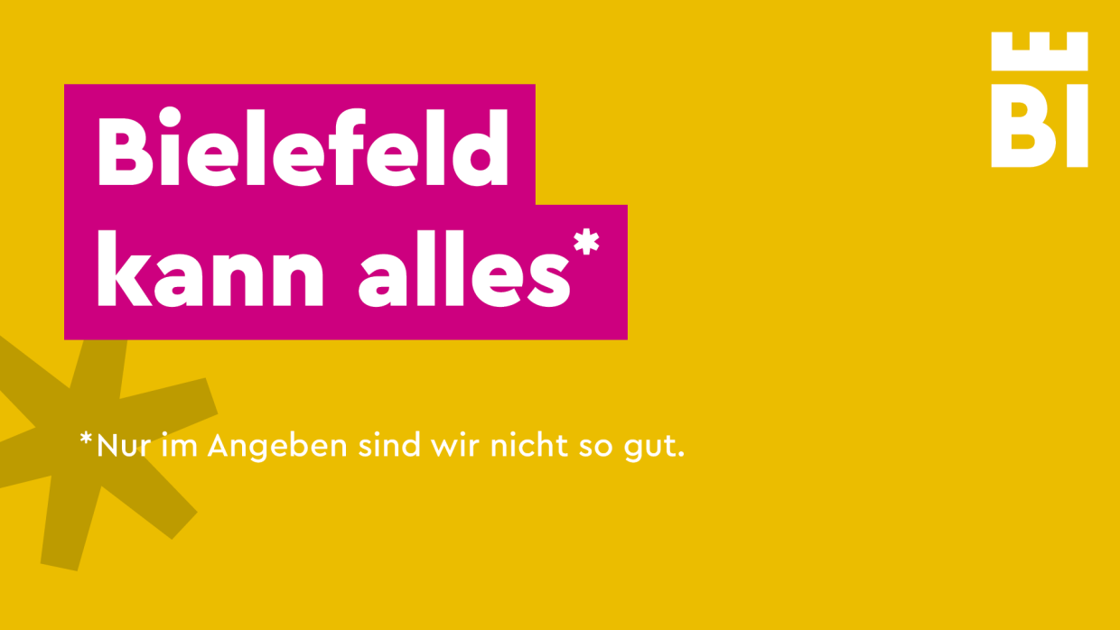 Ironisches Zitat über Bielefeld auf gelbem Hintergrund.