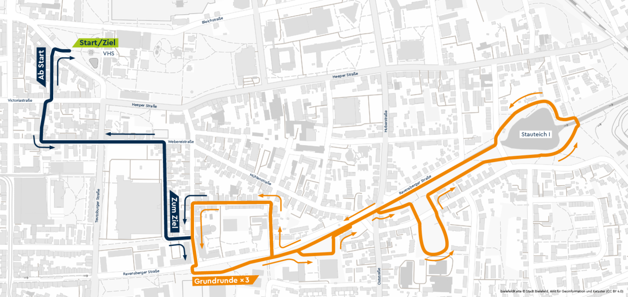 Stadtplan mit orange markierter Route und Straßenzügen.