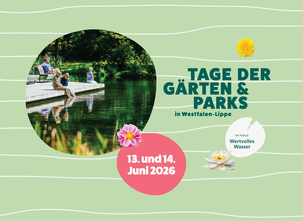 Tage der Gärten und Parks Plakat mit grüner Landschaft und Veranstaltungsdaten 