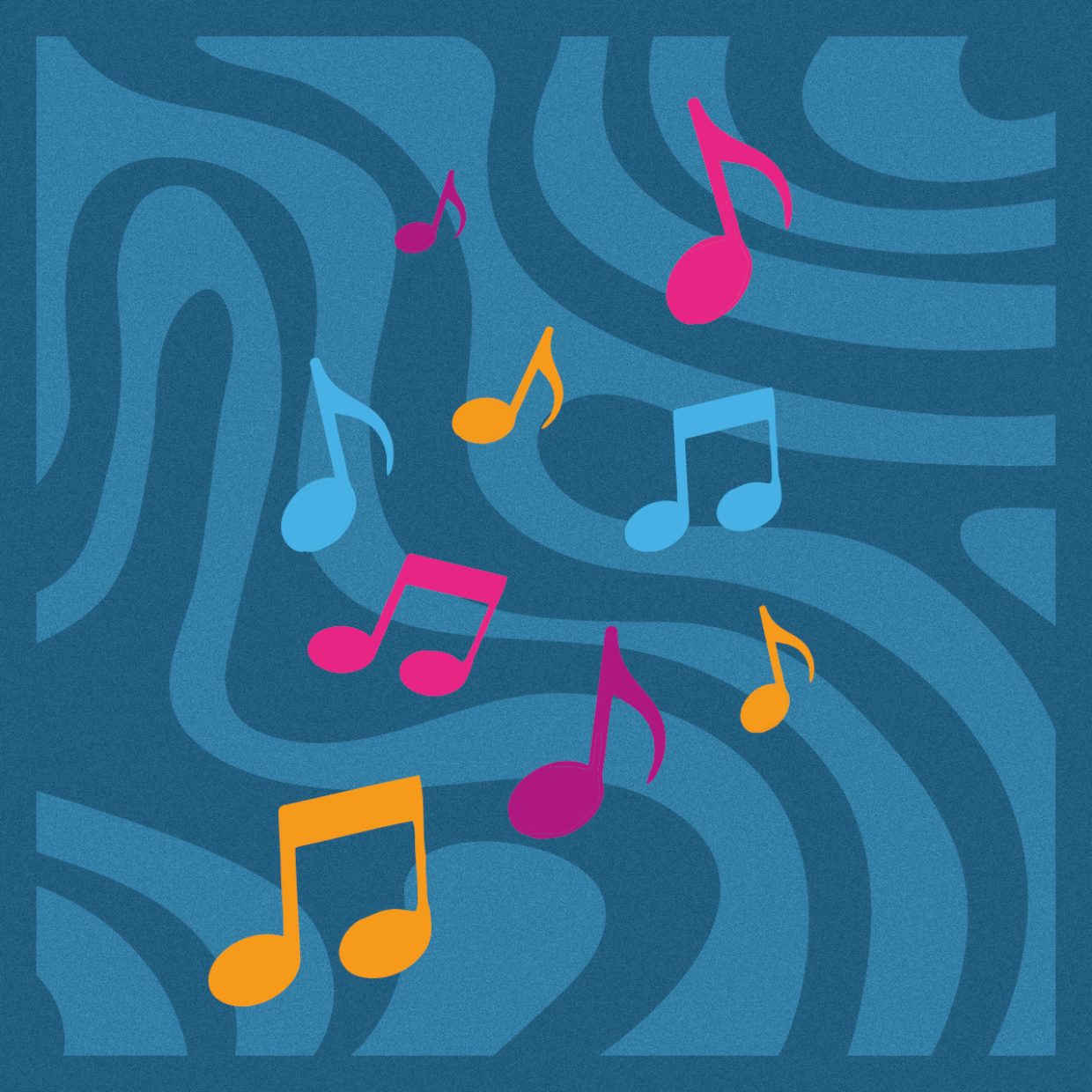 Bunte Musiknoten und Noten schweben auf blauem welligem Hintergrund.