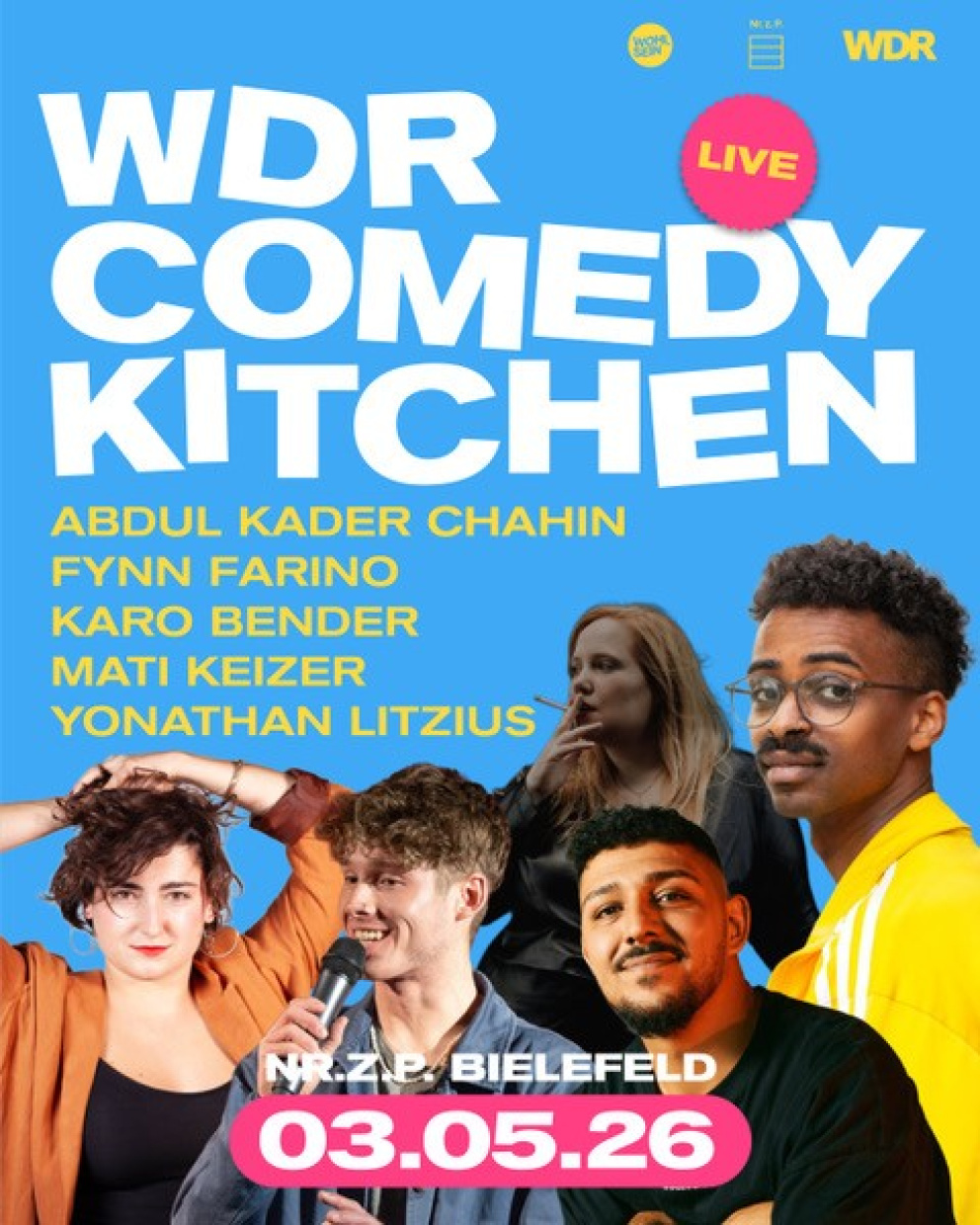 Werbeplakat für "WDR Comedy Kitchen" mit Künstlern und Veranstaltungsdatum.