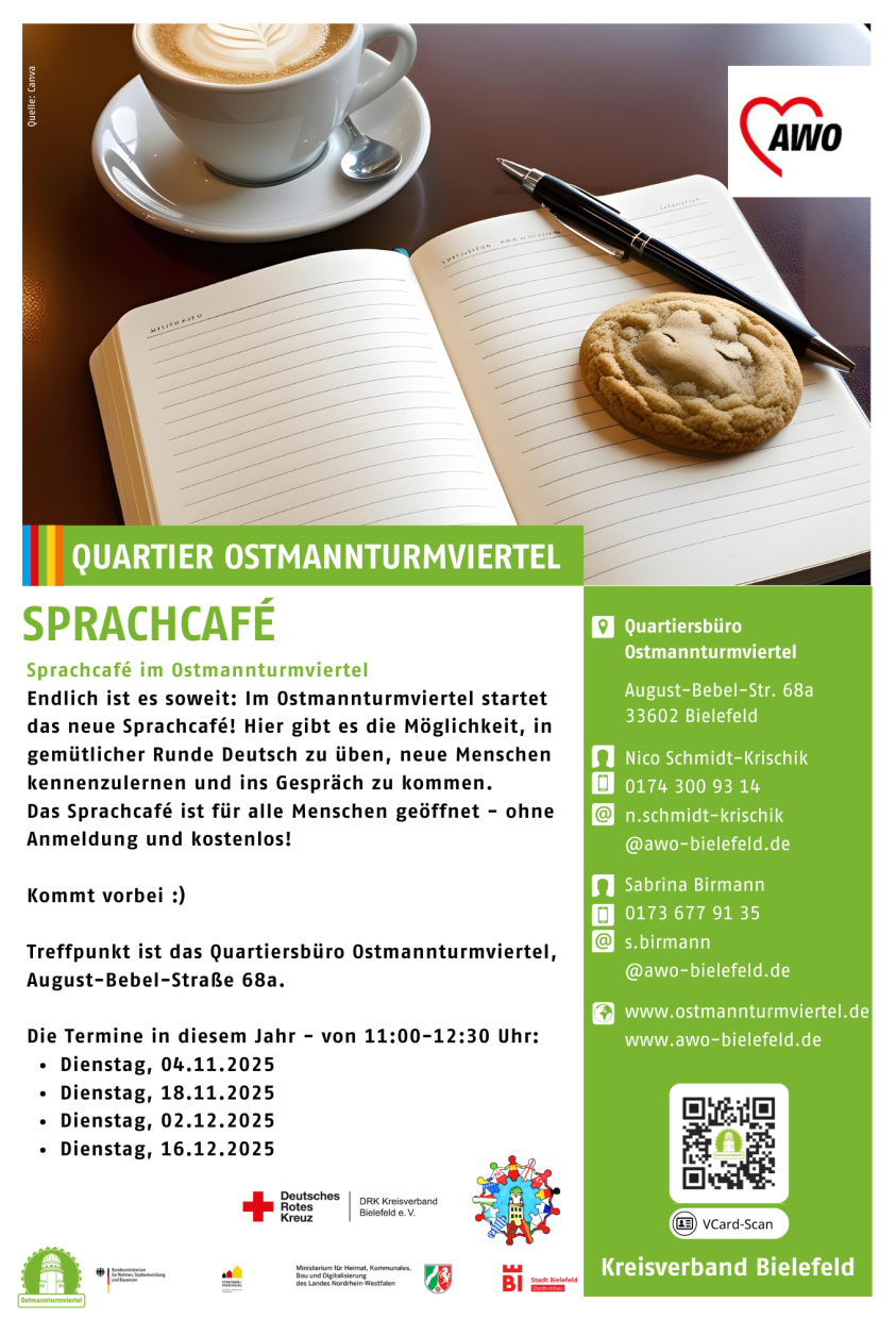Flyer Sprachcafé Neues Sprachcafé im Ostmannturmviertel. In der August-Bebel-Str. 68a, ab dem 04.11. um 11-12:30 Uhr