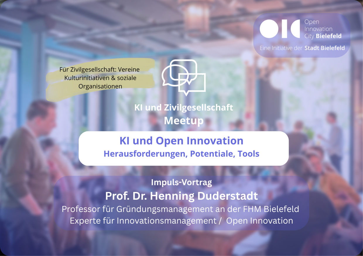 Open Innovation City Bielefeld - eine Initiative der Stadt Bielefeld Das Bild zeigt im Hintergrund Menschen in einer Veranstaltung und bietet Angaben zur Veranstaltung