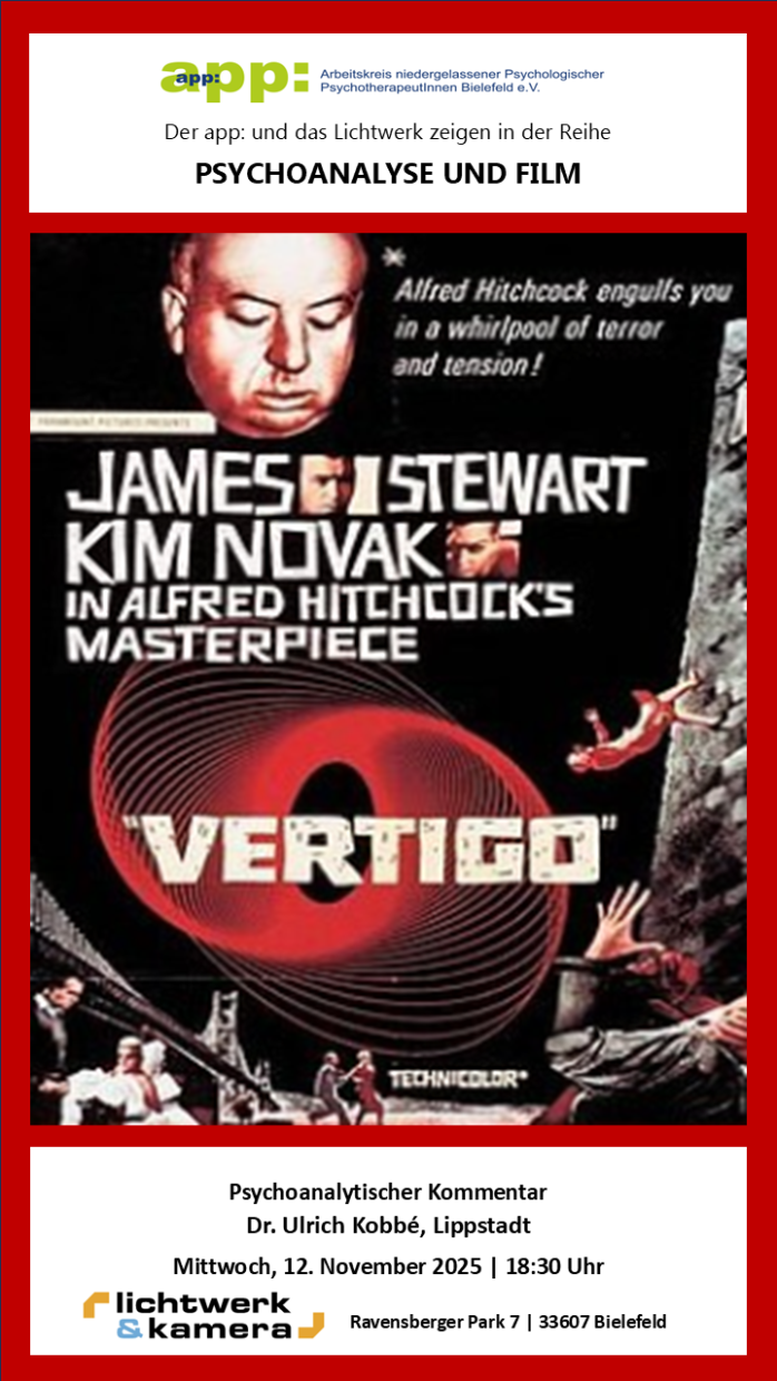 Claudia Melcher und Lichtwerkkino Bielefeld - Flyer zum Film Vertigo von A. Hitchcock Zu sehen ist der Flyer zur Veranstaltung mit altem Kinoplakat zum Film Vertigo von Hitchcock