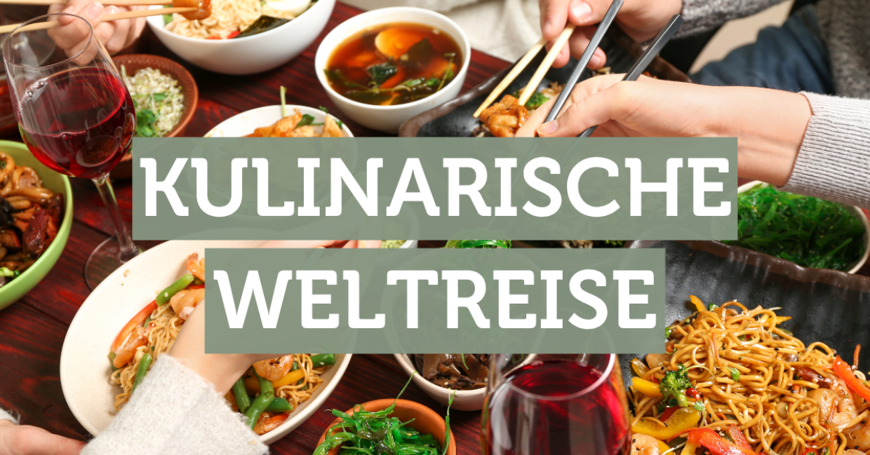 Harms Markt Titel: Kulinarische Weltreise im Harms Markt. Motiv: gedeckter Tisch mit internationalen Speisen