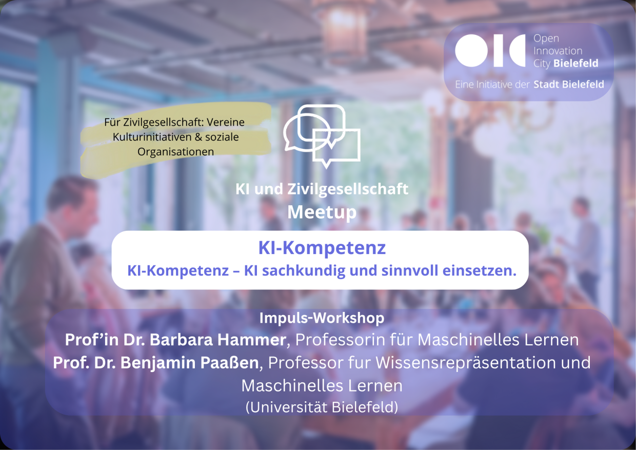 Copyright Open Innovation City Bielefeld. Eine Initiative der Stadt Bielefeld Das Bild zeigt im Hintergrund Menschen in einer Veranstaltung und bietet Angaben zur Veranstaltung