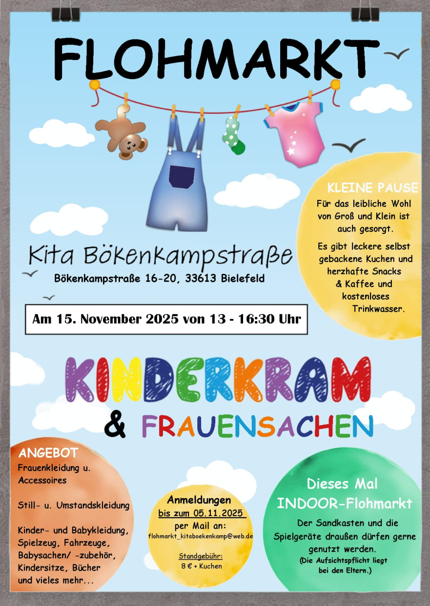 Flyer Flohmarkt Kita Bökenkampstraße Flohmarkt für Kindersachen, Spielzeug, Umstandsmode und vieles mehr in der Kita Bökenkampstraße