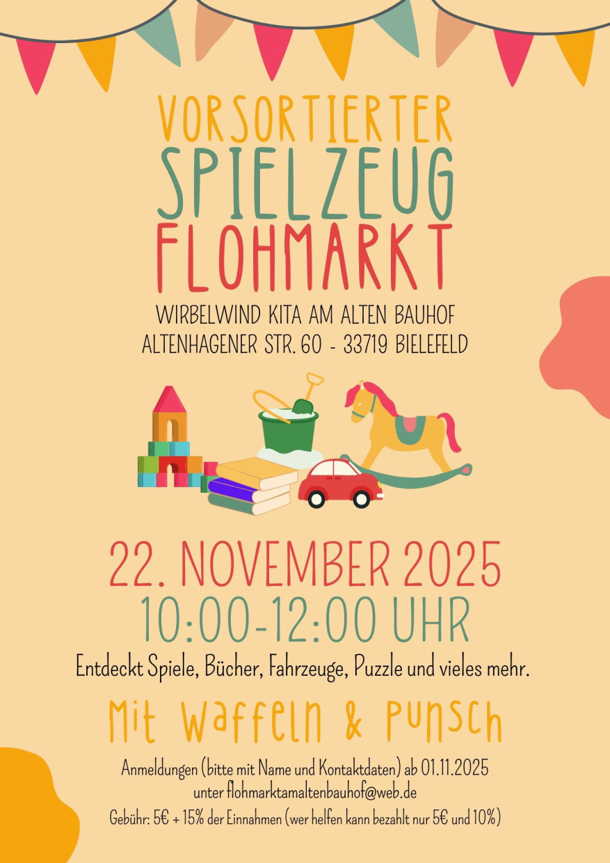 N.W.  Plakat für den vorsortierten Spielzeugflohmarkt der Kita am alten Bauhof am 22.11.2025