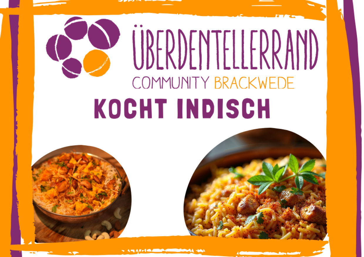 "Über den Tellerrand kocht indisch". Abgebildet ist indisches Biryani.
