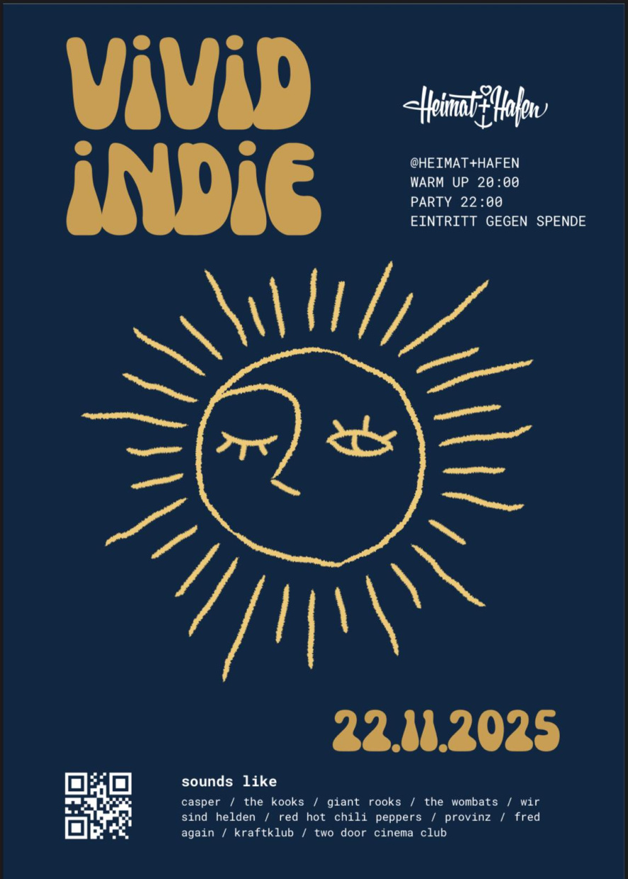 Plakat mit dunkelblauem Hintergrund, Vivid Indie Party am 22.11.25 ab 20 Uhr im Heimat+Hafen