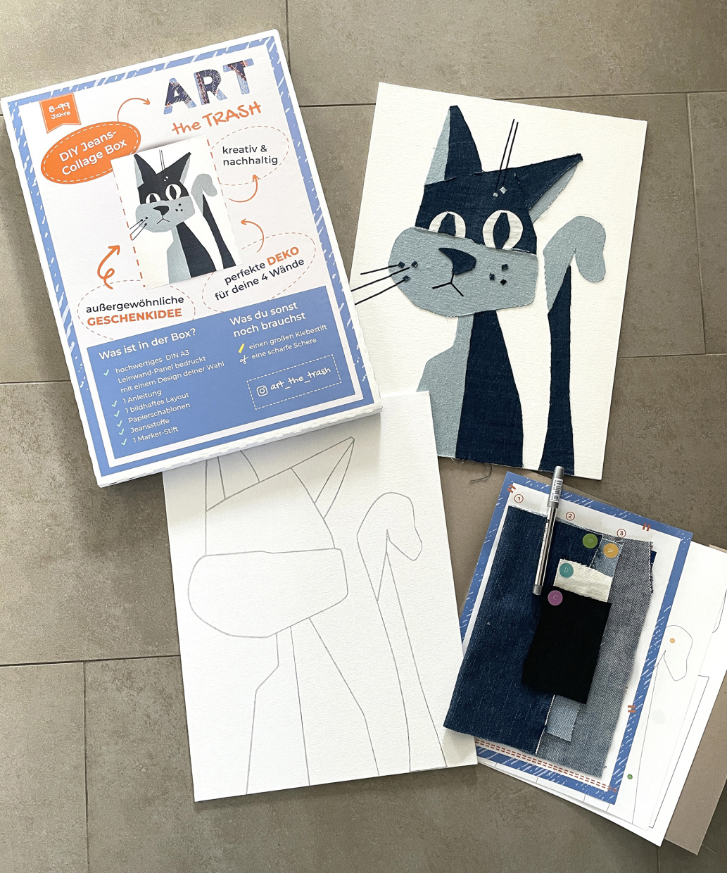 Katzenmotive aus Jeans in verschiedenen Blautönen. Denim Upcycling für und mit Kindern