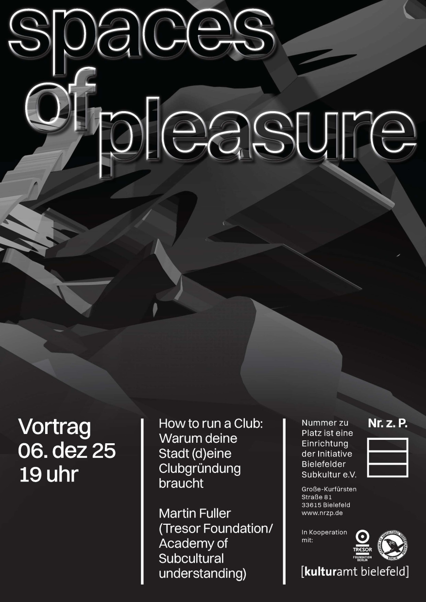 Plakat in schwarz/weiß/grau, mit dem Titel und abstraktem Hintergrund