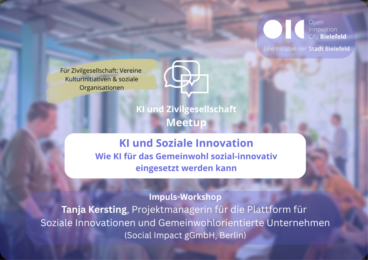 Das Bild zeigt im Hintergrund Menschen in einer Veranstaltung und bietet Angaben zur Veranstaltung