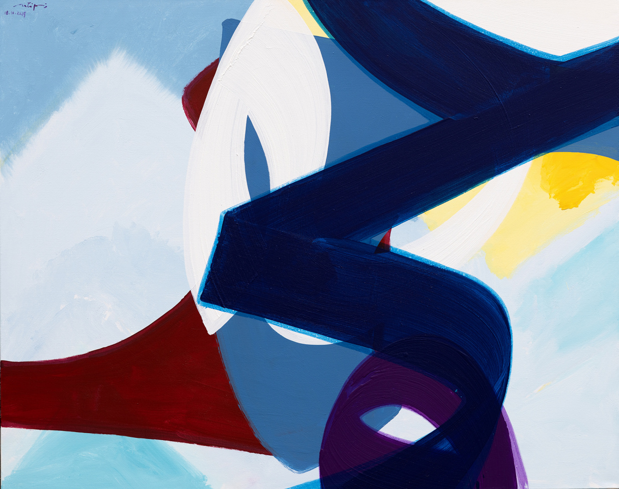 Eine abstrakte Malerei mit geschwungenen Linien und Formen in Blau, Weiß, Türkis