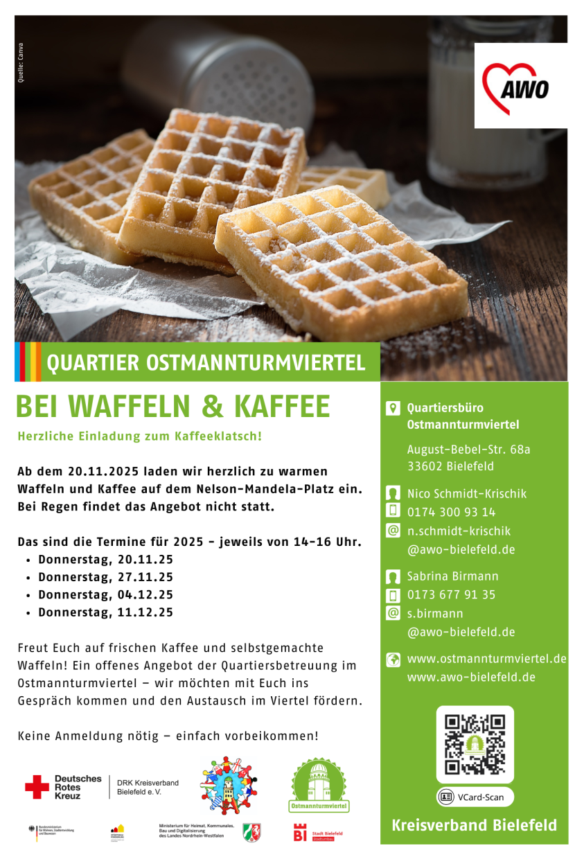 Auf dem Bild sieht man frische Waffeln, den Angebotstext, Kontaktdaten, die Logos der Mitwirkenden