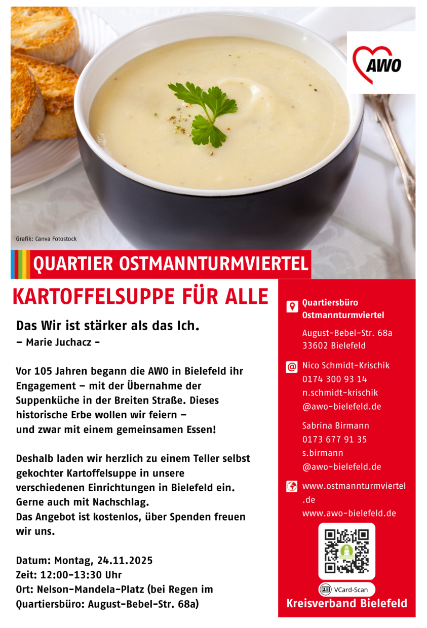 Auf dem Bild sieht man eine Schale mit Suppe, den Angebotstext, Kontaktdaten