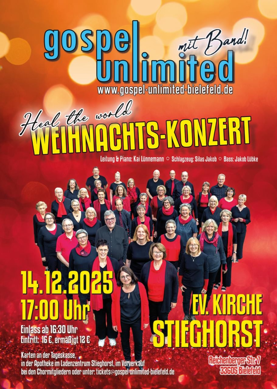 Konzertankündigung Weihnachtskonzert Gospel Unlimited und Band