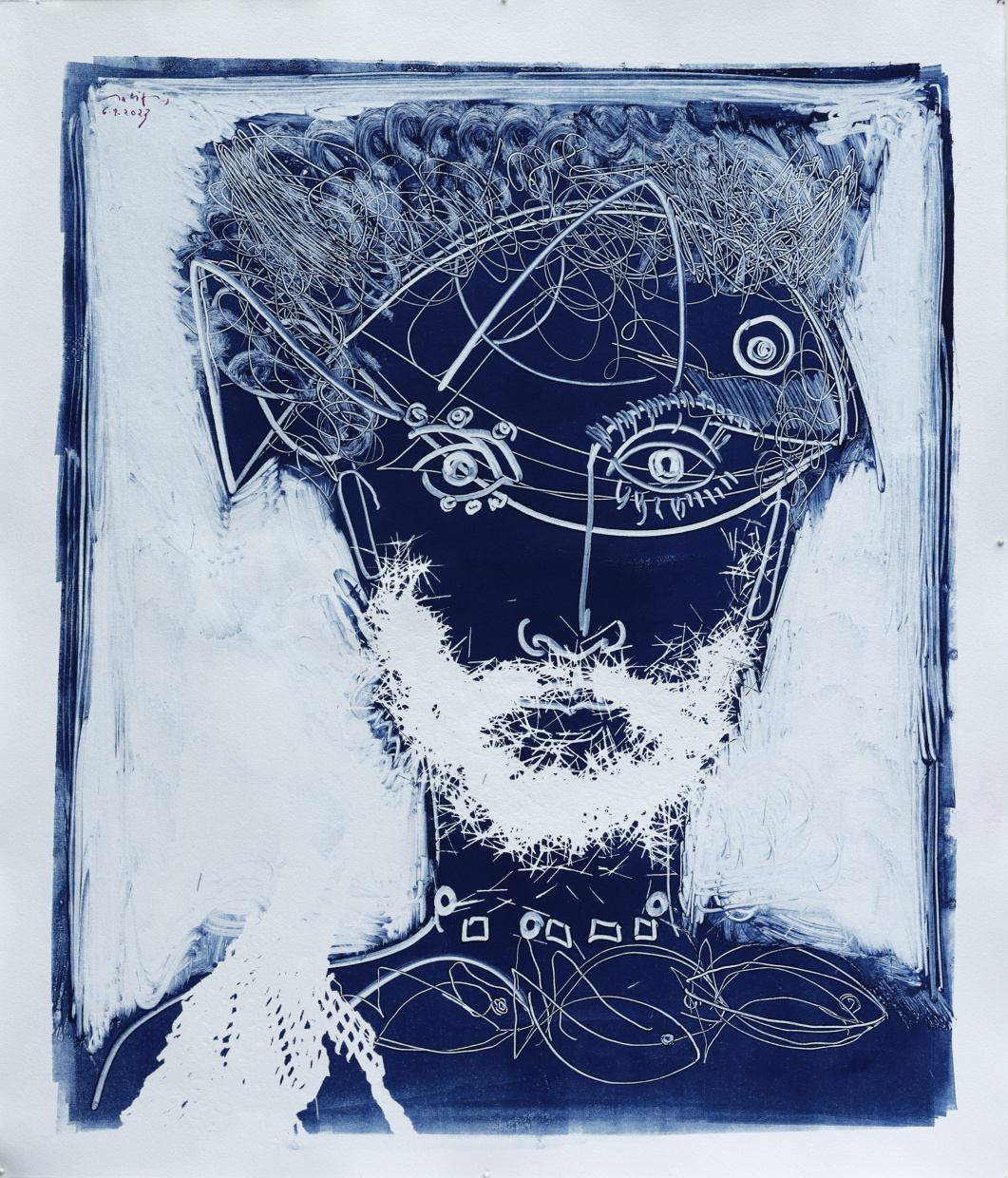 Portrait eines Mannes mit Bart und Netz und Fischen