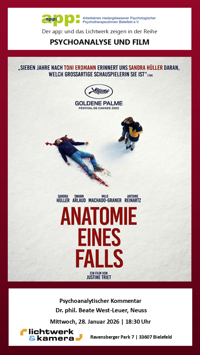 Das Filmplakat zeigt den toten Ehemann im Schnee liegend, daneben Ehefrau und Sohn.