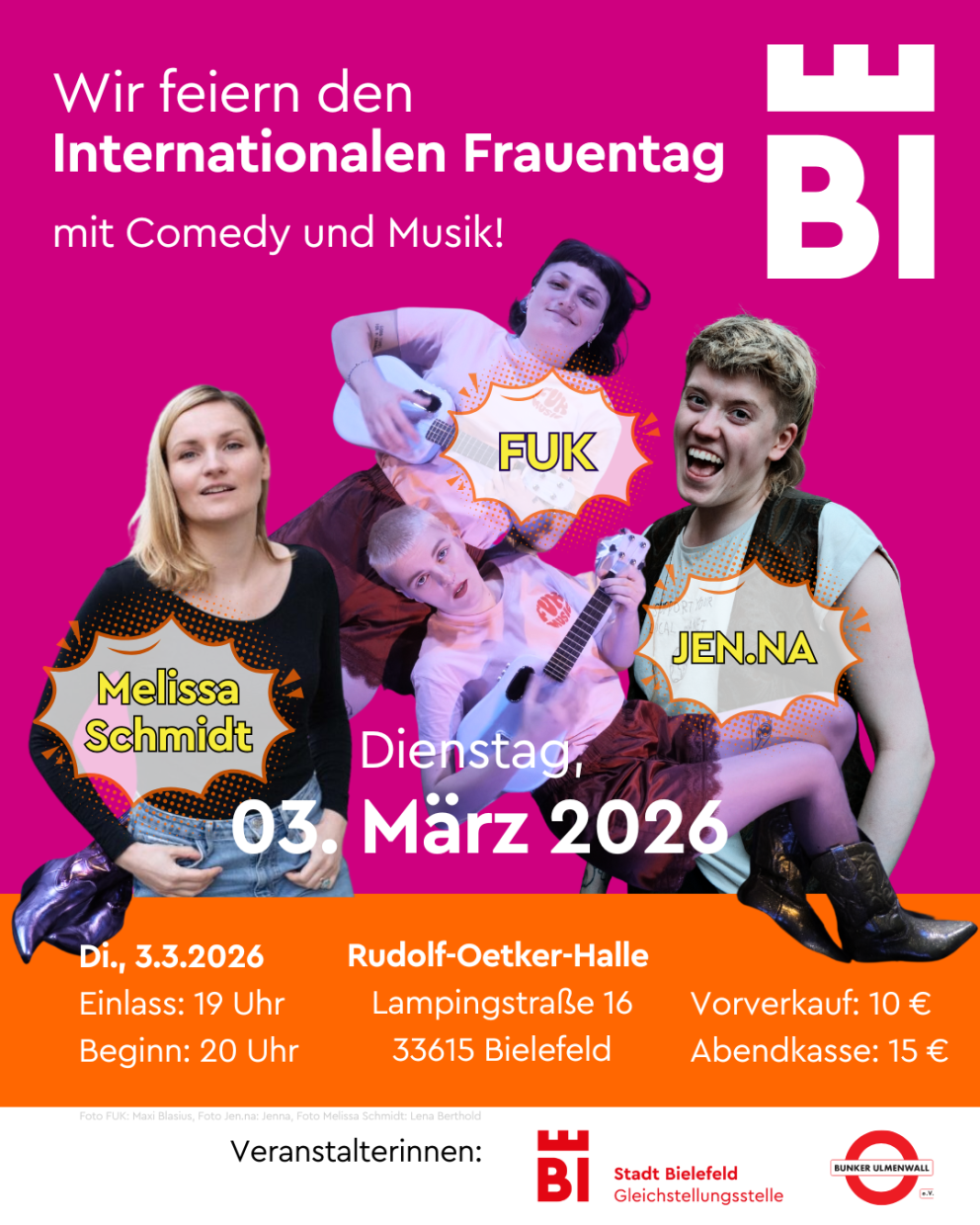 Auf dem Bild sind die 4 Künstlerinnen des Abends, das Datum und die Uhrzeiten zu sehen.