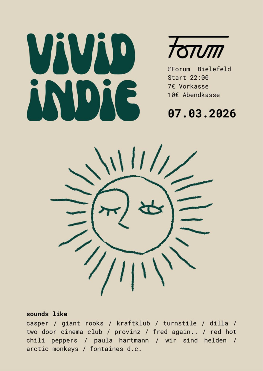 Plakat in Beige und Dunkelgrün für die „Vivid Indie“ Party am 07.03.26 um 22 Uhr im Forum.