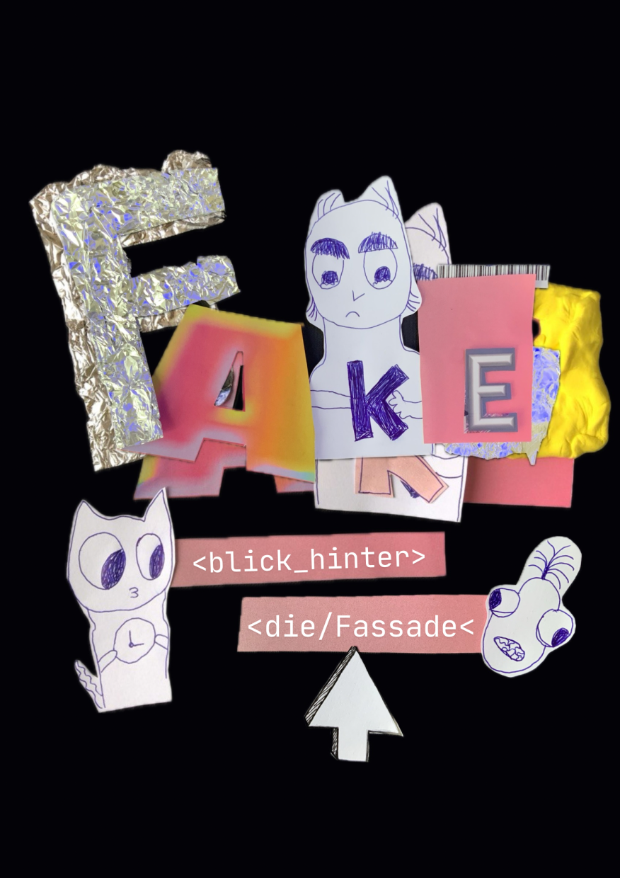 der Titel des Stücks in ausgeschnittenen Buchstaben hinterlegt mit Folien auf schwarzem Hintegrund 