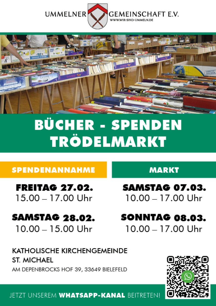Bücher-Spendenflohmarkt in Bielefeld Ummeln. Annahme am 27. und 28. Februar 2026