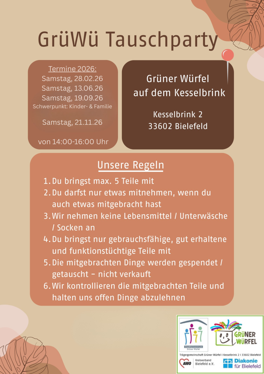 Flyer zur GrüWü-Tauschparty 2026 in Bielefeld mit Terminen und Tauschregeln.