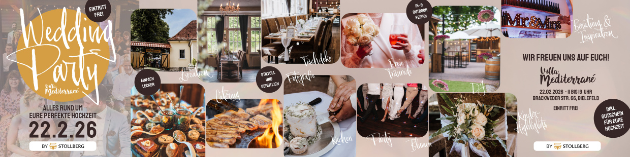Collage zur Wedding Party in der Villa Mediterrané mit Hochzeitslocation, Catering, Tischdeko, Blume