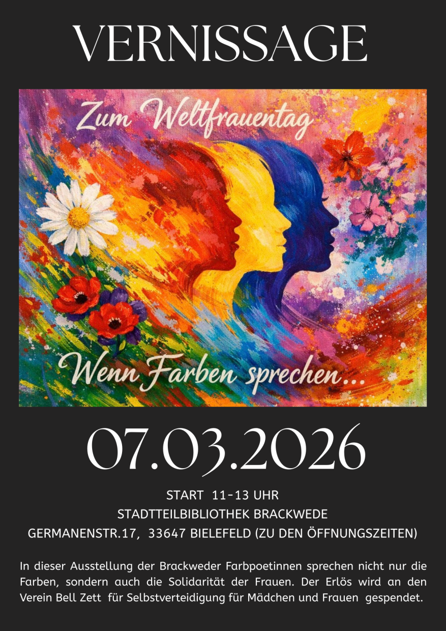 Farbenfrohes Gemälde mit drei weiblichen Profilen in Rot, Gelb und Blau, die nebeneinander angeordne