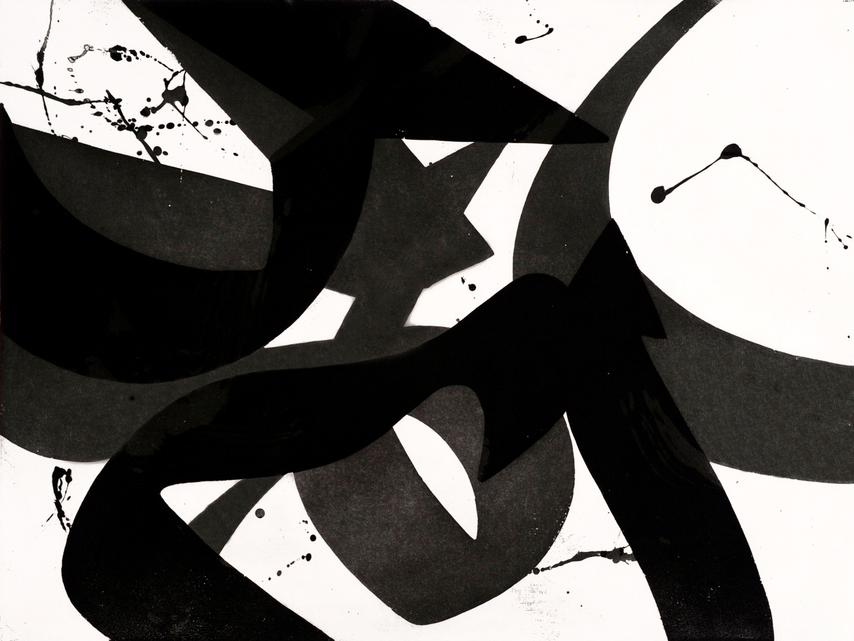 Eine Druckgrafik des Künstlers Aatifi mit schwarz-weißen Formen und Linien. Foto: Atelier