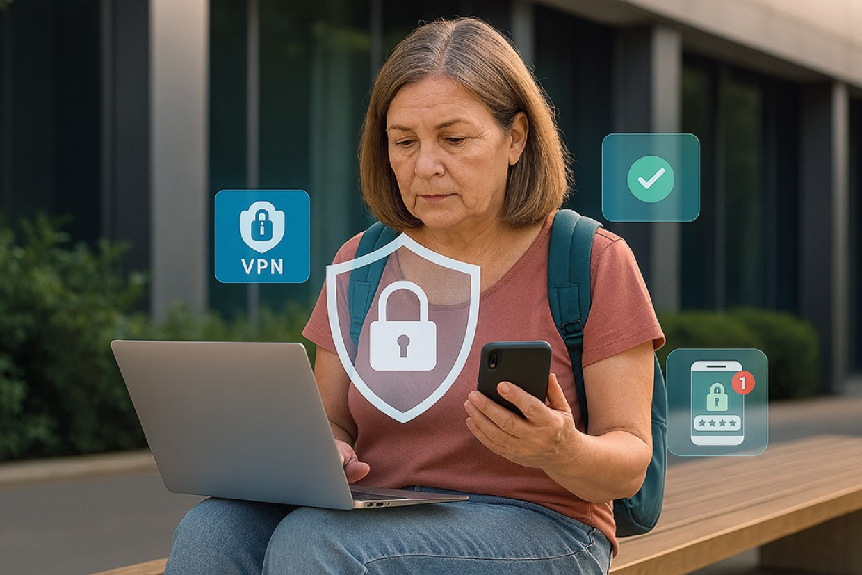 Frau mit Laptop und Smartphone nutzt digitale Sicherheitsfunktionen wie VPN und Passwortschutz