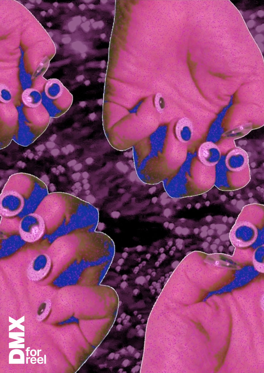 Vier Hände mit auf die Nägel beklebten Spielzeugaugen vor unscharfem lila Hintergrund