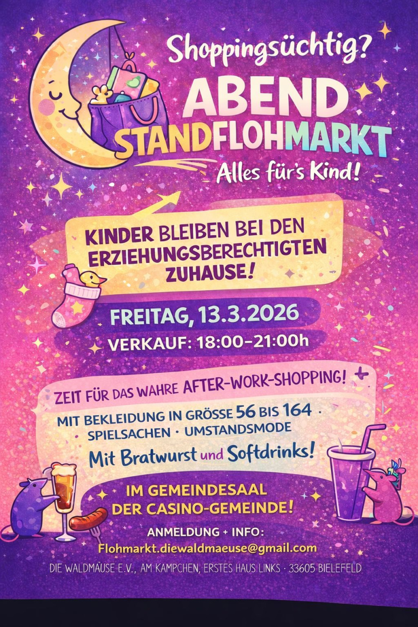 Flyer zum Abendflohmarkt, 18 bis 21 Uhr am 13.März 2026