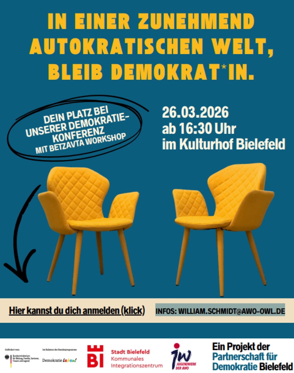 Einladung zur Demokratiekonferenz am 26.03.26 ab 16:30 Uhr im Kulturhof Bielefeld