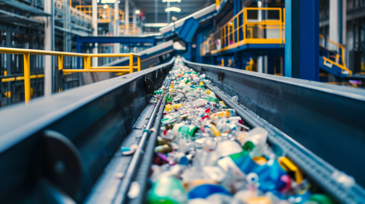 Bild eines Förderbands in einer Recyclinganlage auf dem unterschiedliche Verpackungen liegen