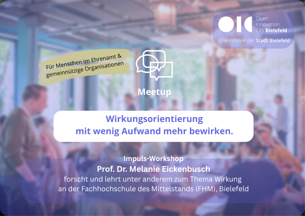 Das Bild zeigt im Hintergrund Menschen in einer Veranstaltung und bietet Angaben zur Veranstaltung