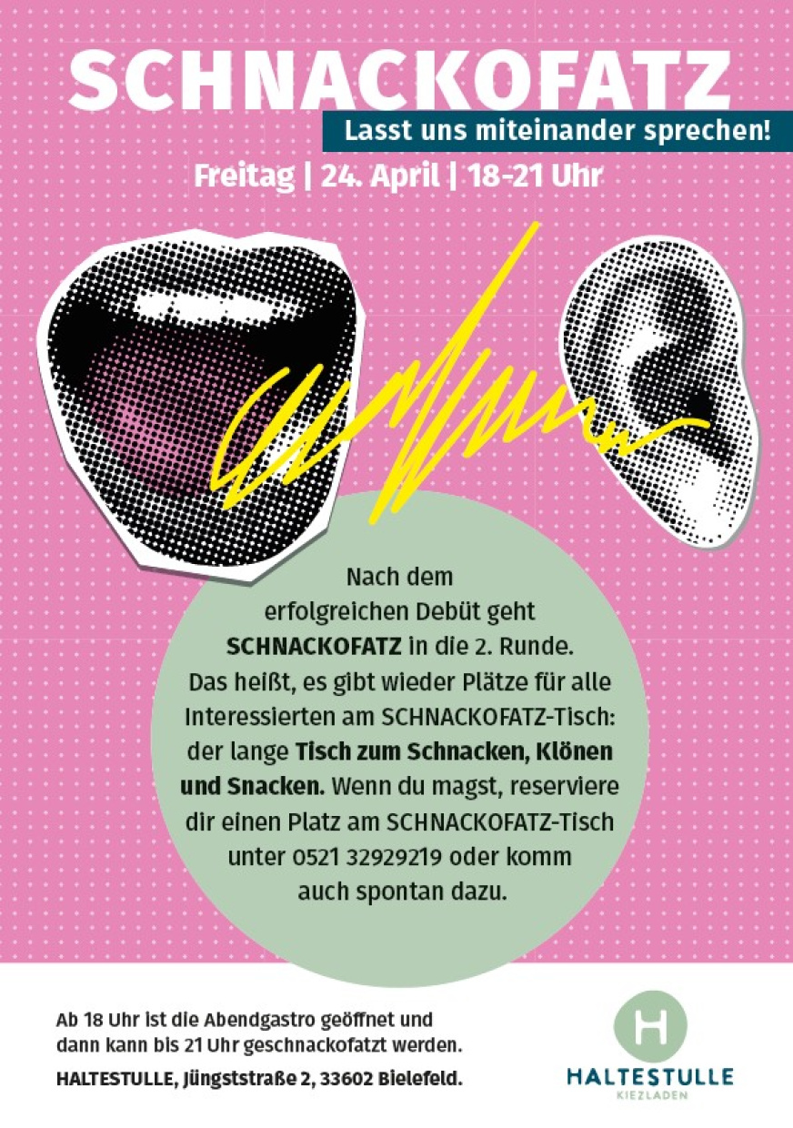 Plakat: Ein sprechender Mund und ein Ohr zeigen das Motto "Lasst uns miteinander sprechen""