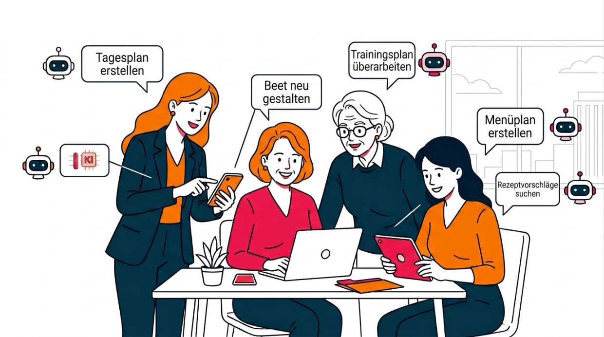 Eine Gruppe Frauen verwendet KI ChatBots für Alltagsherausforderungen