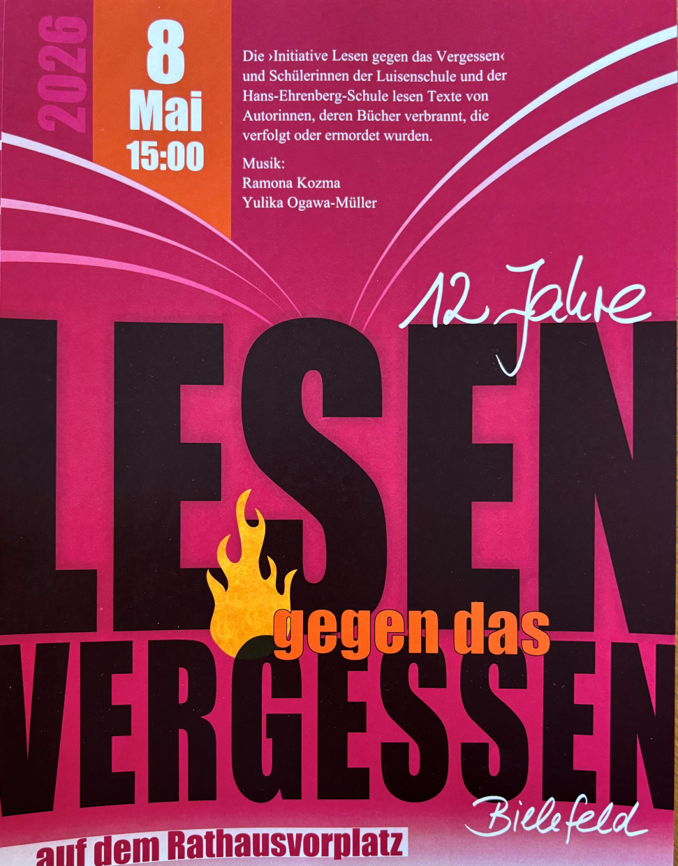 Einladung zum Lesen gegen das Vergessen am 8.5. um 15 Uhr auf dem Rathausplatz Bielefeld