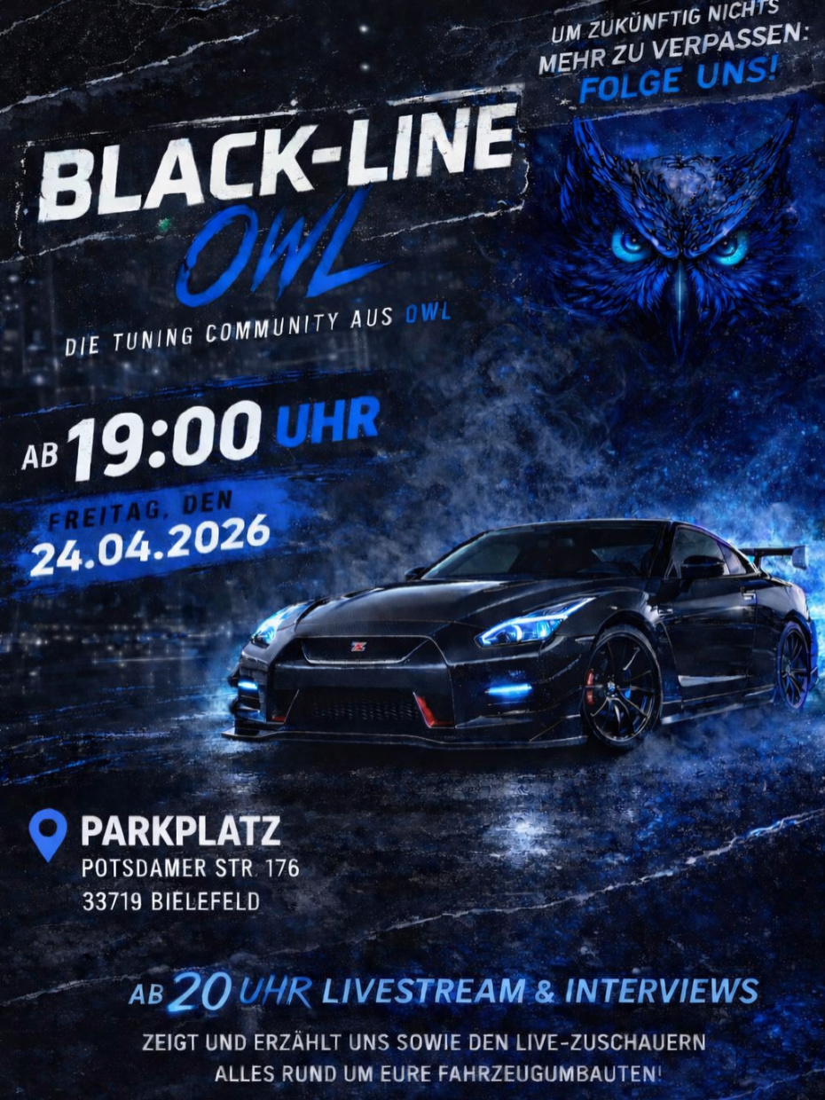 Plakat für das Tuning-Treffen Black-Line OWL am 24.04.2026 in Bielefeld mit Fahrzeug und Eventdetail