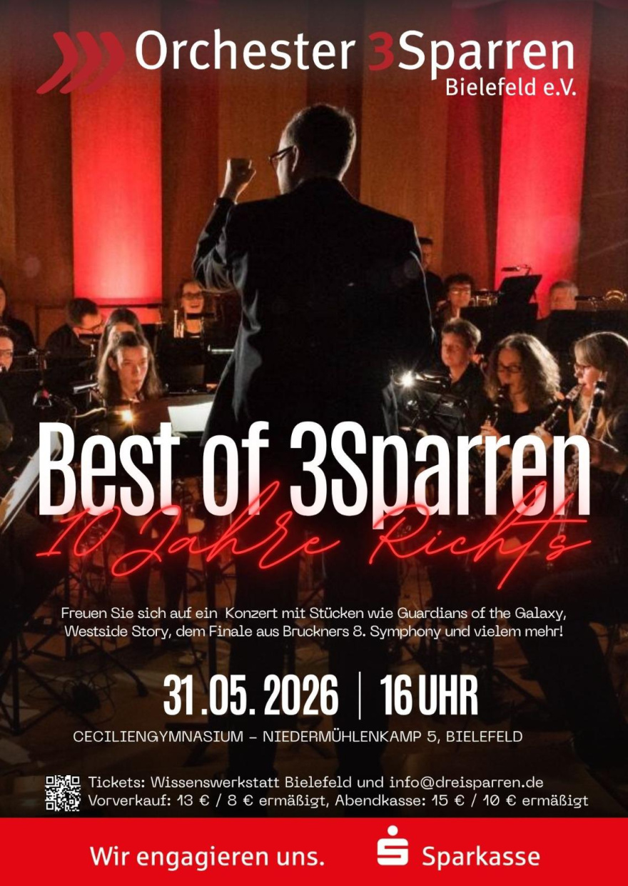 Poster zum Konzert, zeigt das Orchester und davor stehend die Rückansicht des Dirigenten 
